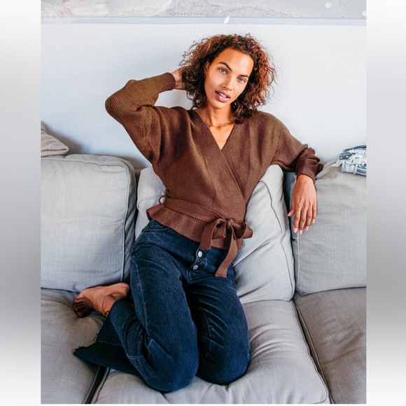 Lulus Sweet and Sophisticated Brown Knit Faux-Wrap Sweater - Picture 1 of 6